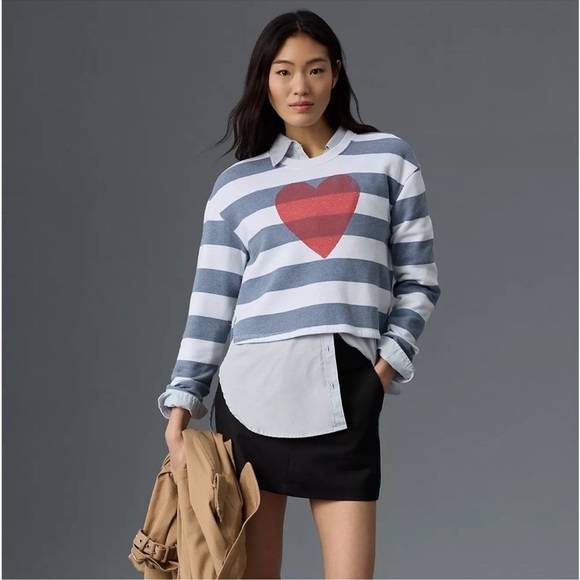 Sundry by Anthropology Cropped Crewneck Heart Striped Sweatshirt - Picture 1 of 10